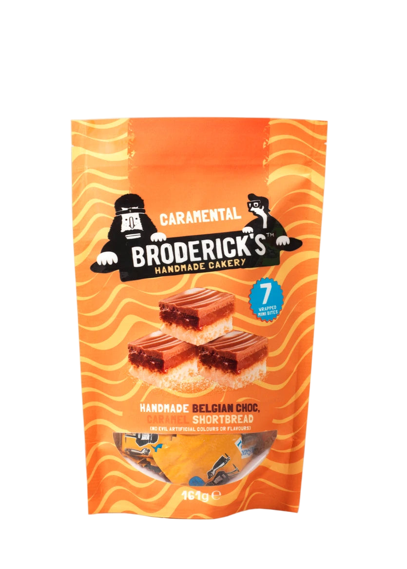 Packaging of Broderick's Caramenal Handmade Belgian Choc Shortsbread on an orange background