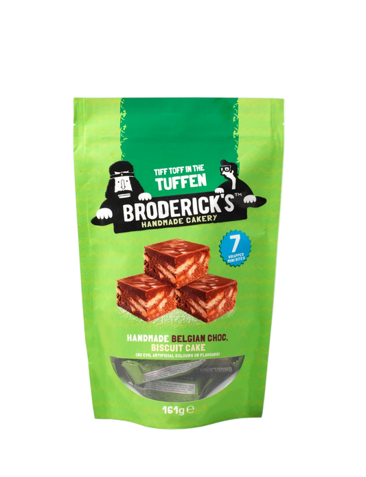 Green packaging of Broderick's handmade Belgian Choc Biscuit Cake on a white background