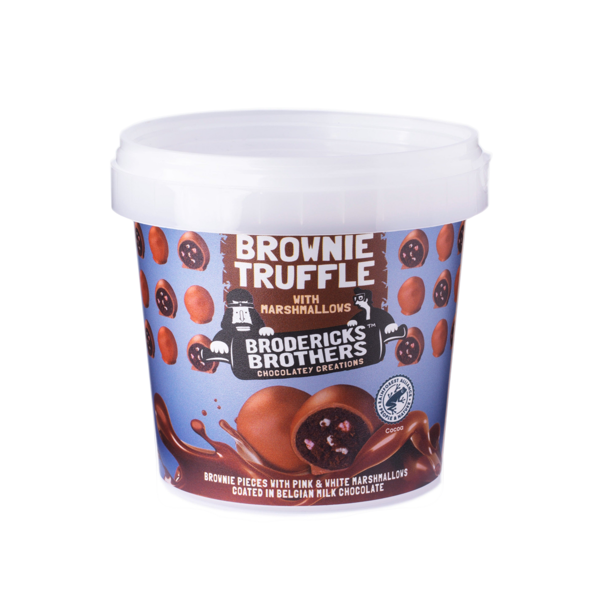 Brownie Truffle' flavor and Broderick's Brothers branding on a white background