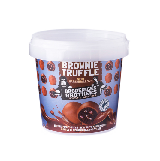 Brownie Truffle' flavor and Broderick's Brothers branding on a white background