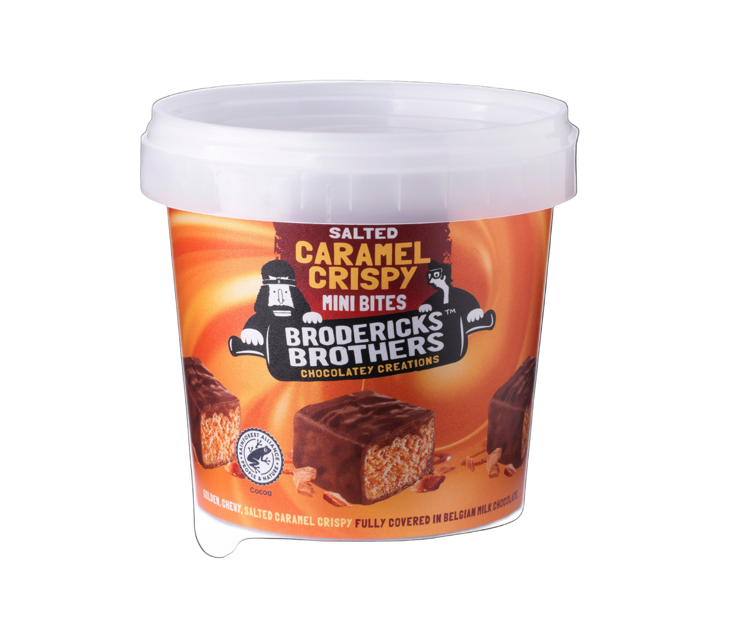 Container of Broderick's Brothers Salted Caramel Crispy Mini Bites on a white background