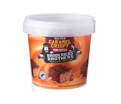 Container of Broderick's Brothers Salted Caramel Crispy Mini Bites on a white background
