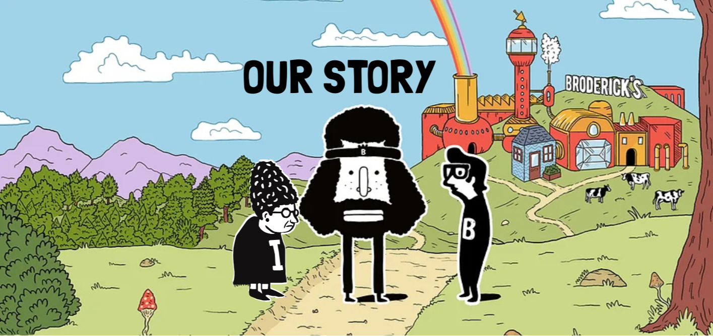 Cartoon illustration of three characters walking on a path with a town and mountain landscape in the background, featuring the text 'Our Story'.