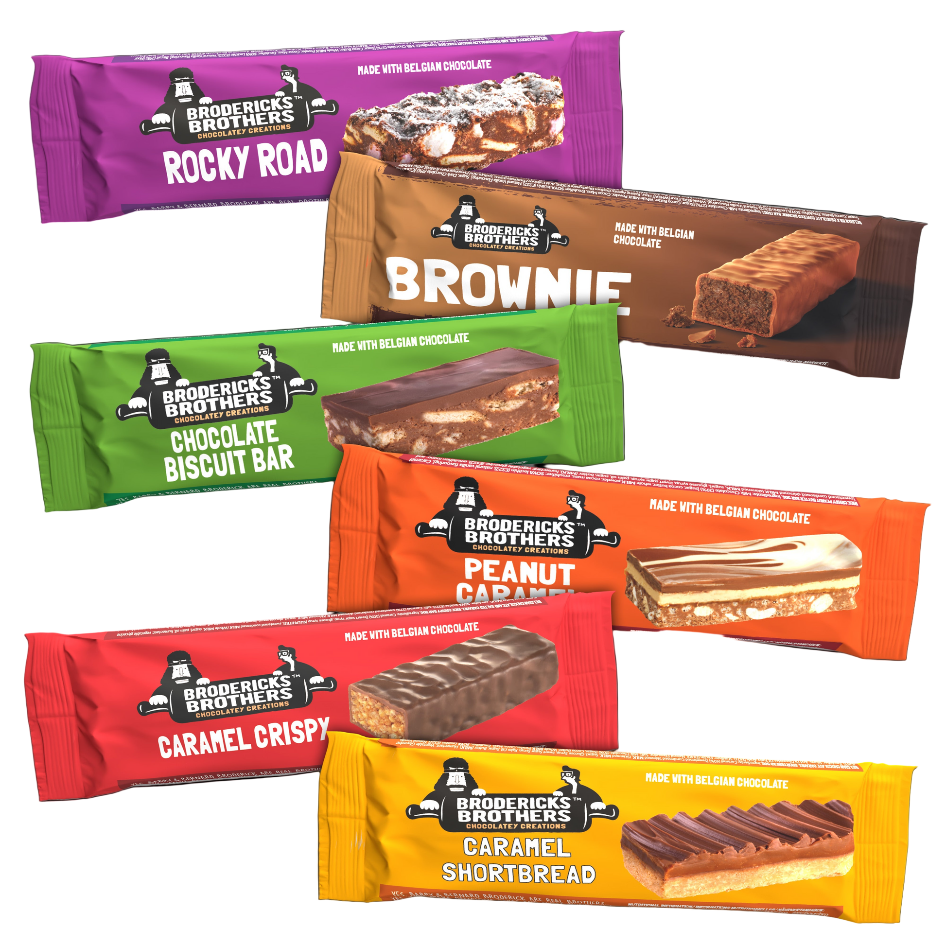Assorted Broderick's Brothers chocolate bars in colorful packaging on a white background