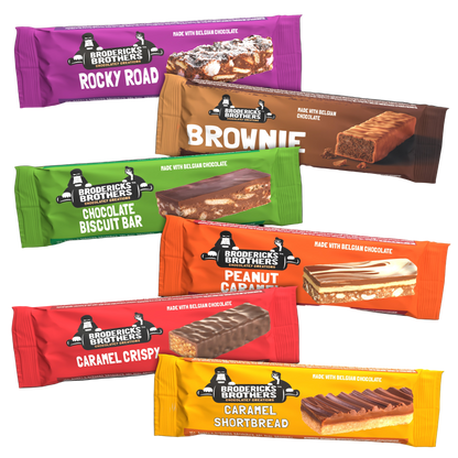 Assorted Broderick's Brothers chocolate bars in colorful packaging on a white background