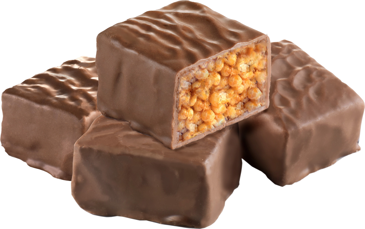 Chocolate-covered candy with a visible filling on a white background