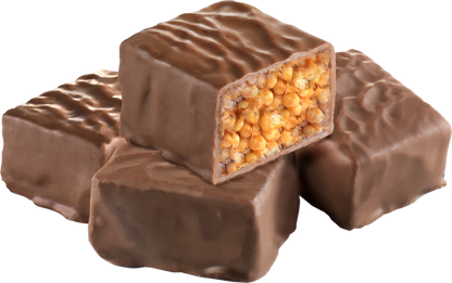 Chocolate-covered candy with a visible filling on a white background