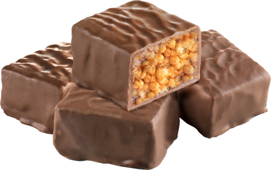 Chocolate-covered candy with a visible filling on a white background