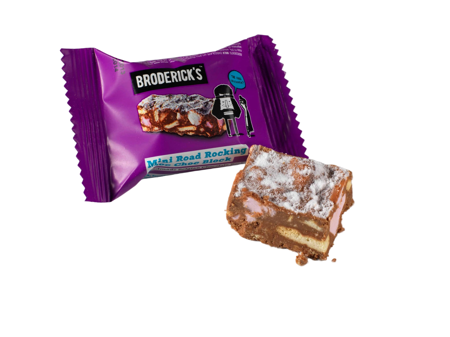 A pouch of Broderick's Rocky Road Mini Bites with one mini bite placed in front of the pouch, showing the product's contents.