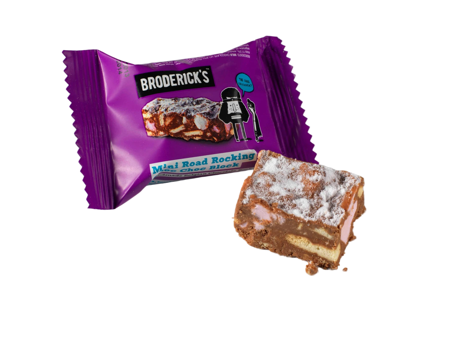 A pouch of Broderick's Rocky Road Mini Bites with one mini bite placed in front of the pouch, showing the product's contents.