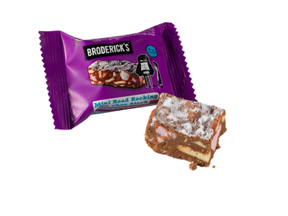 A pouch of Broderick's Rocky Road Mini Bites with one mini bite placed in front of the pouch, showing the product's contents.