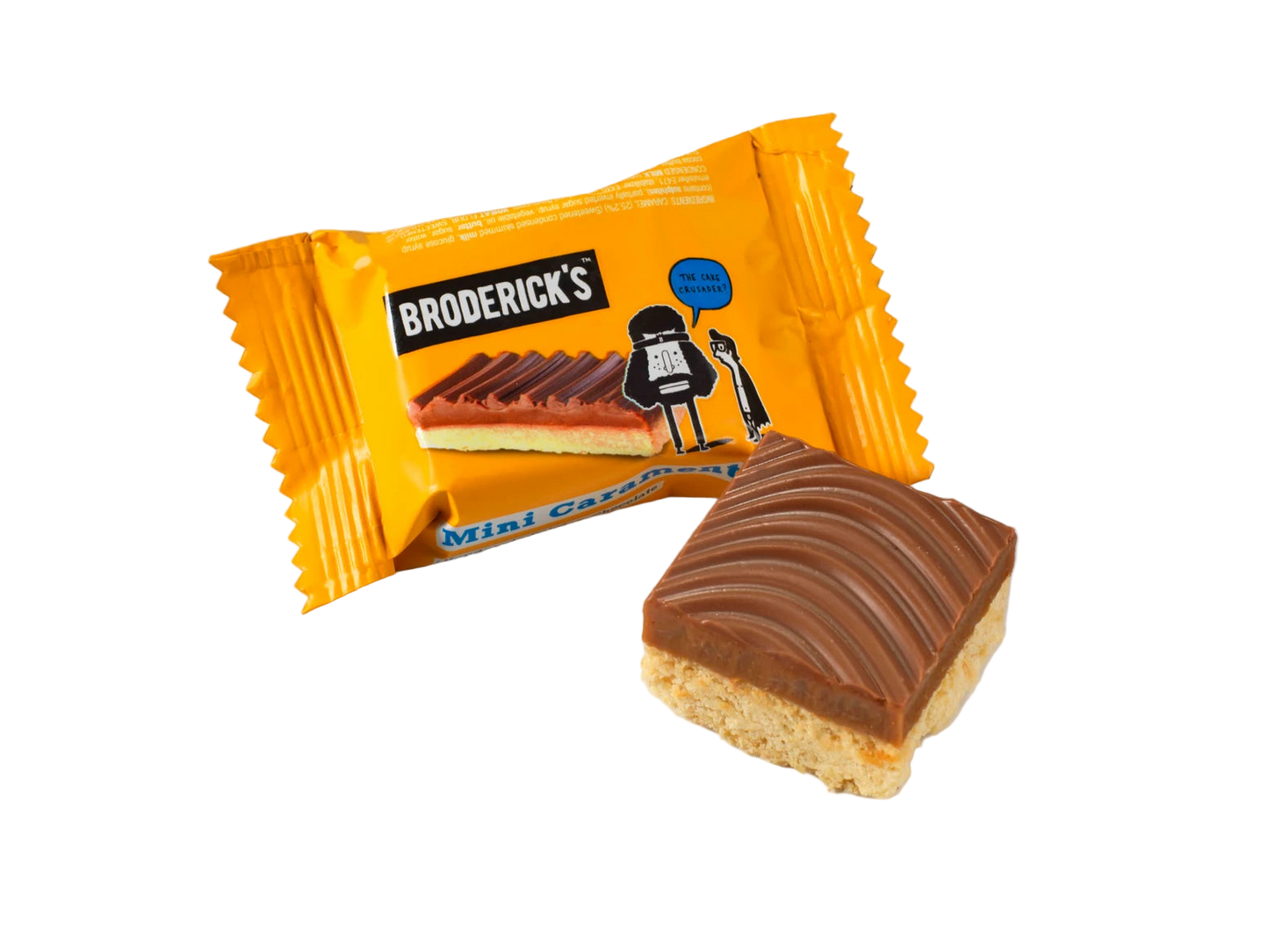 Packaging and a single mini bite-sized candy bar with buttery shortbread and caramel layers, coated in chocolate, on a white background.
