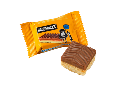 Packaging and a single mini bite-sized candy bar with buttery shortbread and caramel layers, coated in chocolate, on a white background.