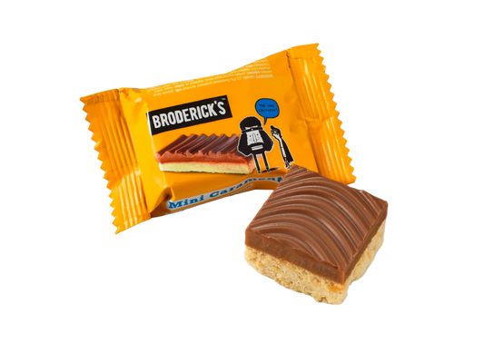 Packaging and a single mini bite-sized candy bar with buttery shortbread and caramel layers, coated in chocolate, on a white background.