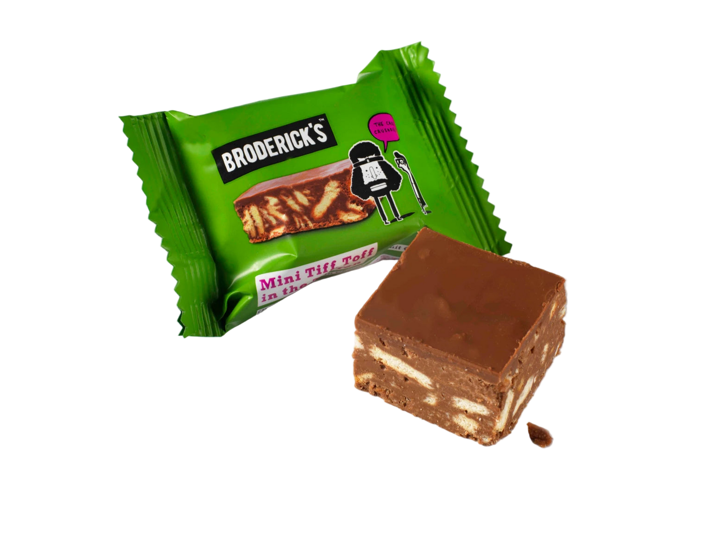 A pouch of Tiffin biscuit mini bites with one bite-sized piece of chocolate with crunchy biscuit pieces visible outside the pouch.